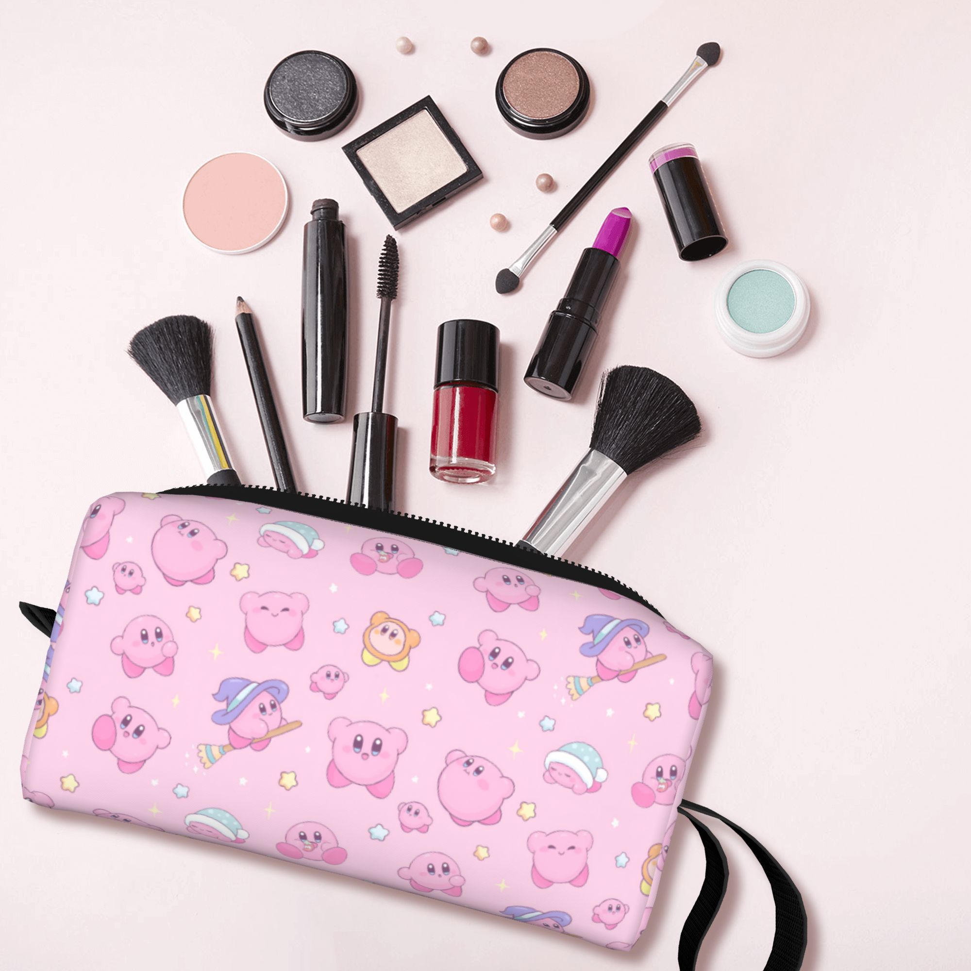 Beauty Makeup Games - กระเป๋าใส่เครื่องสำอางแบบพกพาลายการ์ตูนคิร์บี้สุดน่ารักสำหรับผู้หญิง กระเป๋าเครื่องสำอางสำหรับเก็บของใช้ในห้องน้ำ