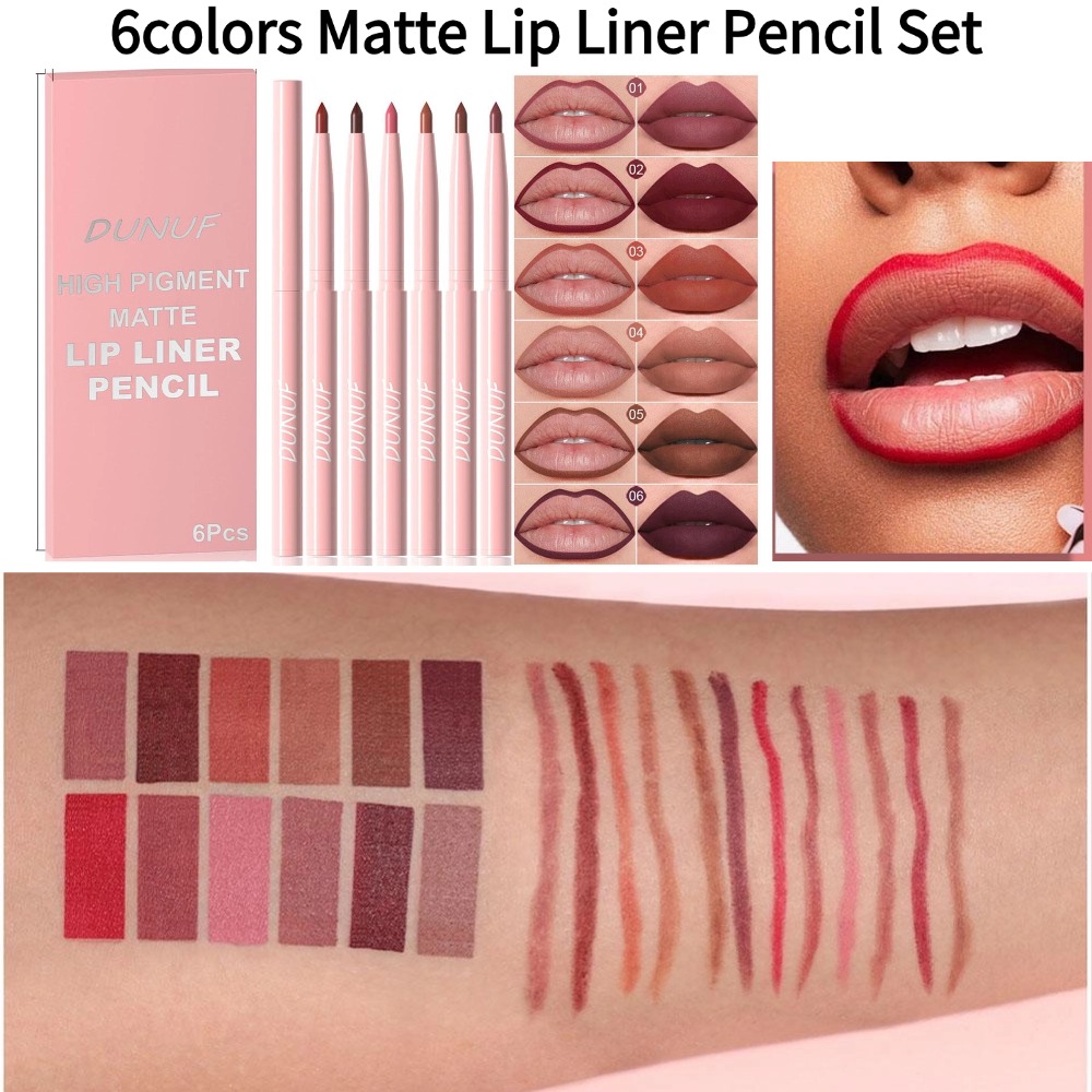 Lip Liner Pencil - ชุดดินสอเขียนขอบปากเนื้อกำมะหยี่ 6 สี สำหรับการแต่งหน้าริมฝีปากที่ง่ายดาย สีนู้ด แดง